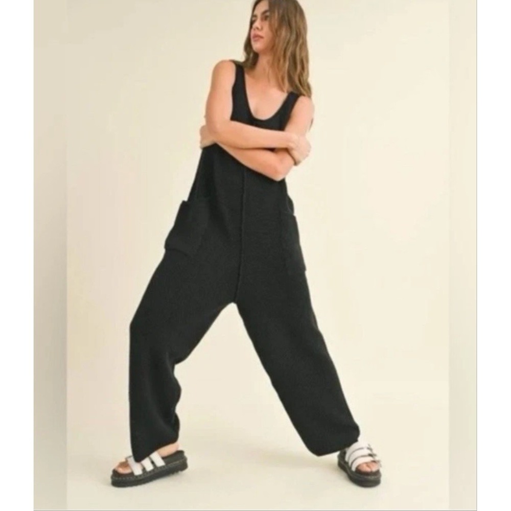 Free People FP Beach Jumpsuit Womens Small Black Waffle Knit Pockets Lounge